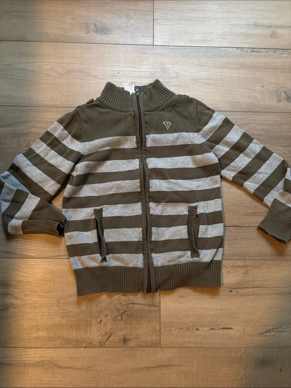Guess Size 8 Kids Olive & Gray Striped Zip-Up Knit Jacket